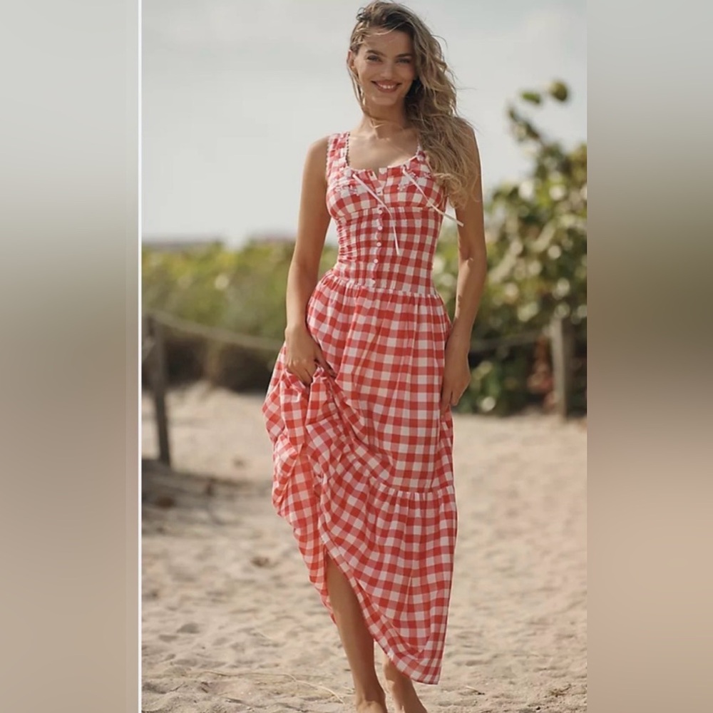 Frankie's Bikinis Red and White Gingham Maxi Dress